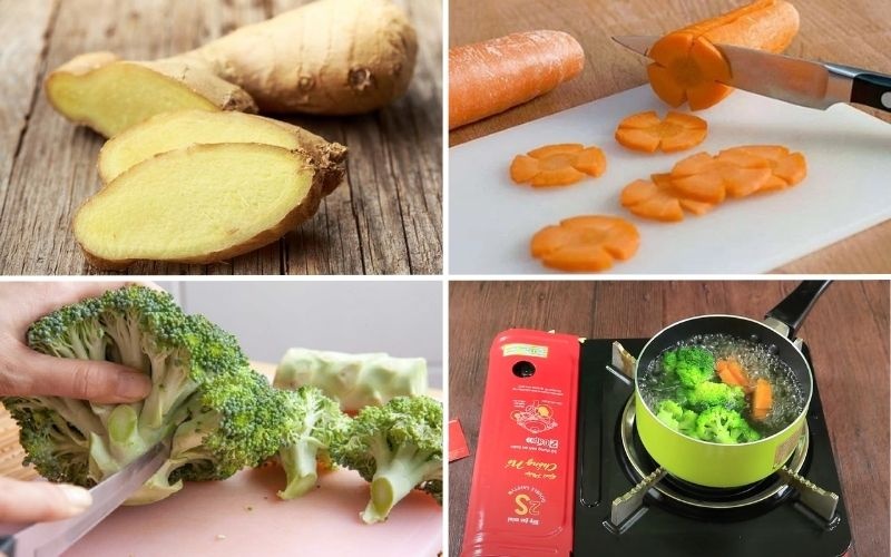 Gừng, cà rốt và bông cải xanh chuẩn bị nguyên liệu cho cá hồi sốt teriyaki