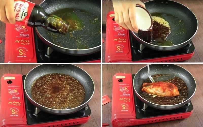 Nấu và áo sốt teriyaki cho cá hồi tạo lớp sốt sánh bóng thơm ngon