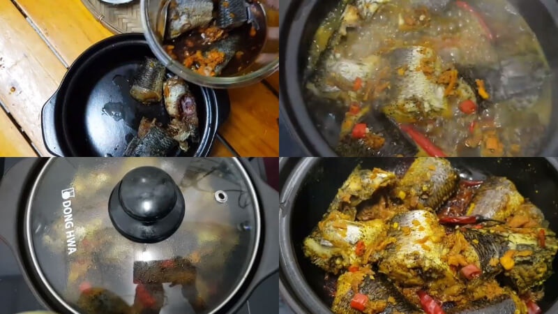 Cá lóc kho nghệ đang sôi liu riu trong nồi