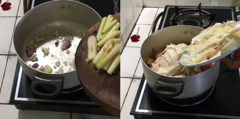 Phi thơm sả hành và cho măng vào nấu lẩu cá lóc măng chua