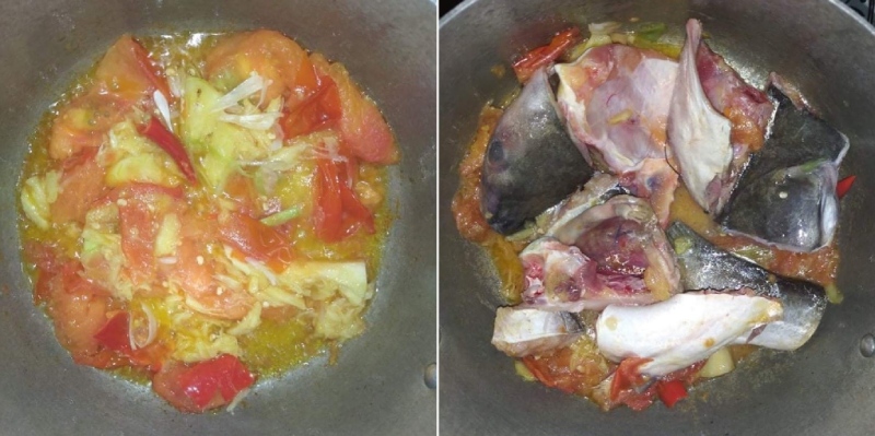 Phi cà chua làm nền canh và cho cá basa vào xào chung