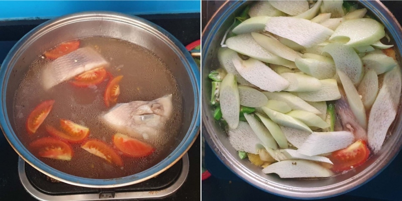 Nấu cá diêu hồng với cà chua và dọc mùng trong nồi