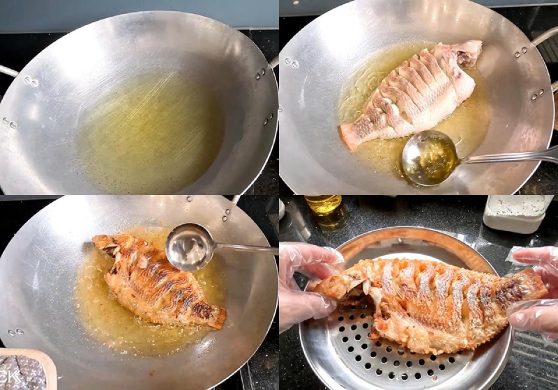 Chiên cá diêu hồng trong chảo