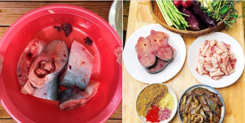 Cá basa cắt khúc và sơ chế rau nẩu lẩu