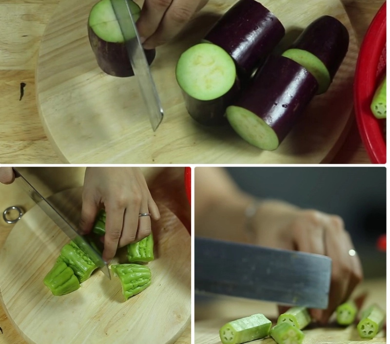 Cắt cà tím, khổ qua và đậu bắp