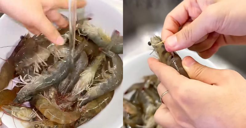 Rửa tôm sạch và lấy phần chỉ