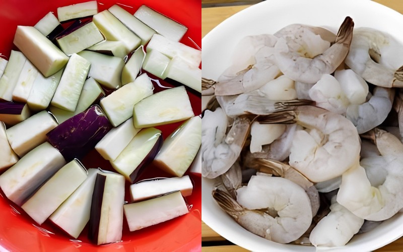 Sơ chế nguyên liệu làm cà tím xào tôm