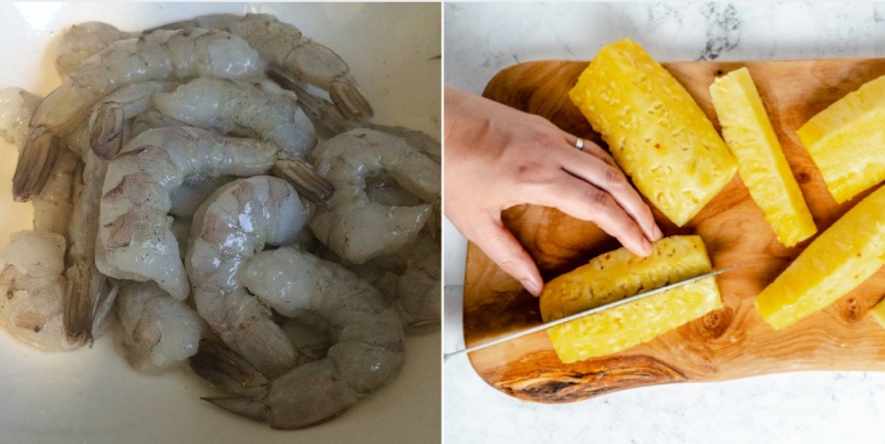 sơ chế tôm và thái dứa