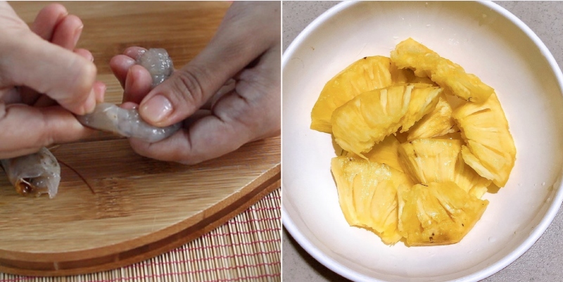 Lột vỏ tôm và sơ chế dứa