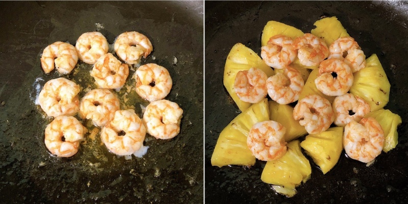 Xào tôm và thêm dứa vào chung