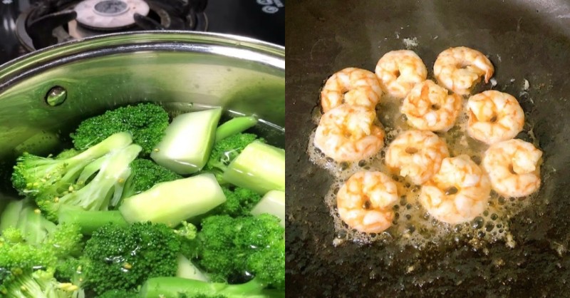 Công đoạn luộc sơ súp lơ và xào tôm