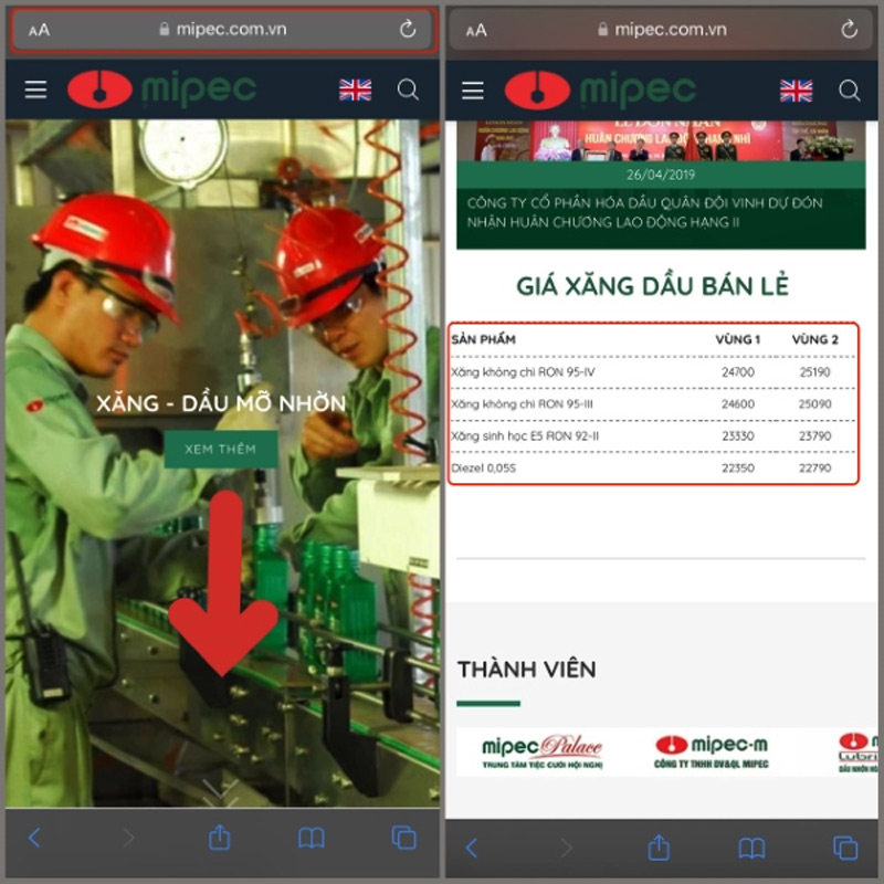 Cách xem giá xăng dầu của MIPEC