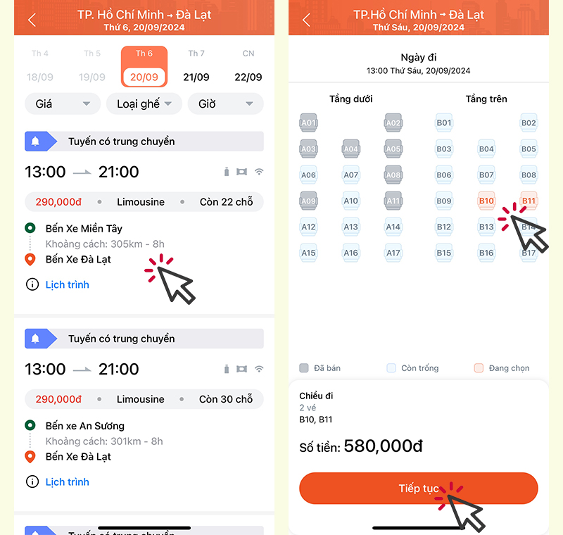 Chọn chuyến xe và chọn ghế ngồi