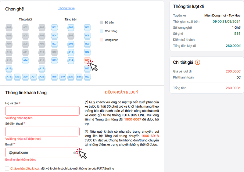 Chọn ghế ngồi và nhập thông tin hành khách