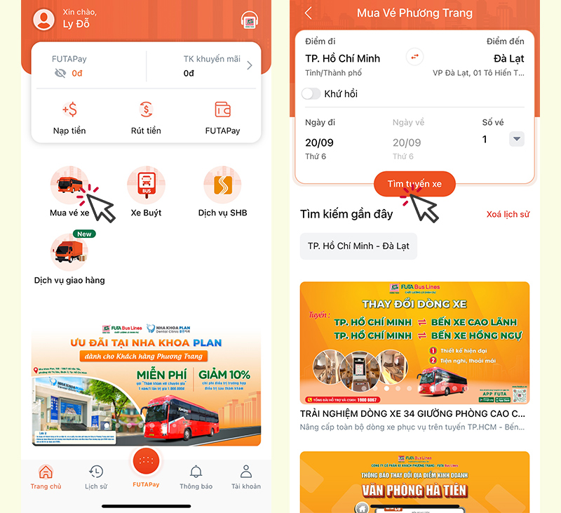 Chọn mục mua vé xe sau đó tìm tuyến xe