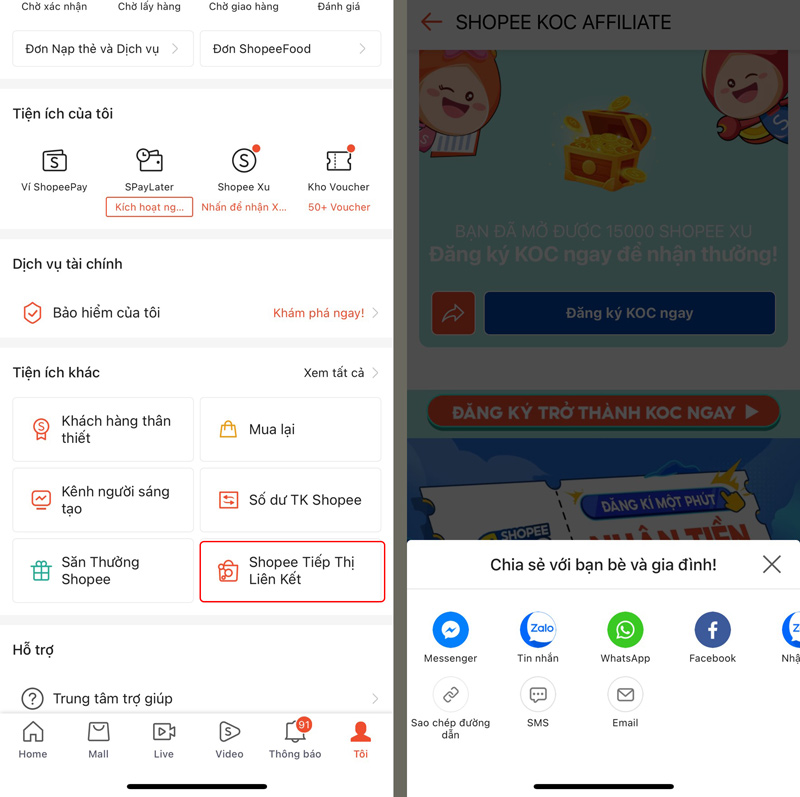 Chọn mục Shopee tiếp thị liên kết và chia sẻ đường link