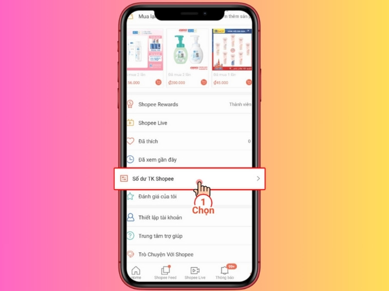 Chọn mục số dư TK shopee