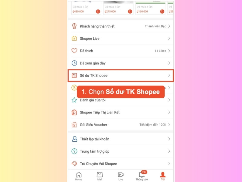 Chọn số dư tài khoản Shopee