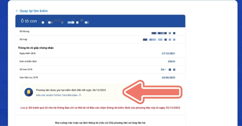 Chủ xe bấm đường link chứa Bản xác nhận thông tin kiểm định và in Giấy xác nhận