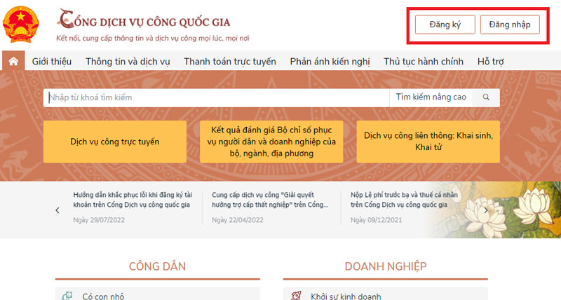 Đăng nhập/đăng ký tài khoản trên Cổng dịch vụ công Quốc Gia
