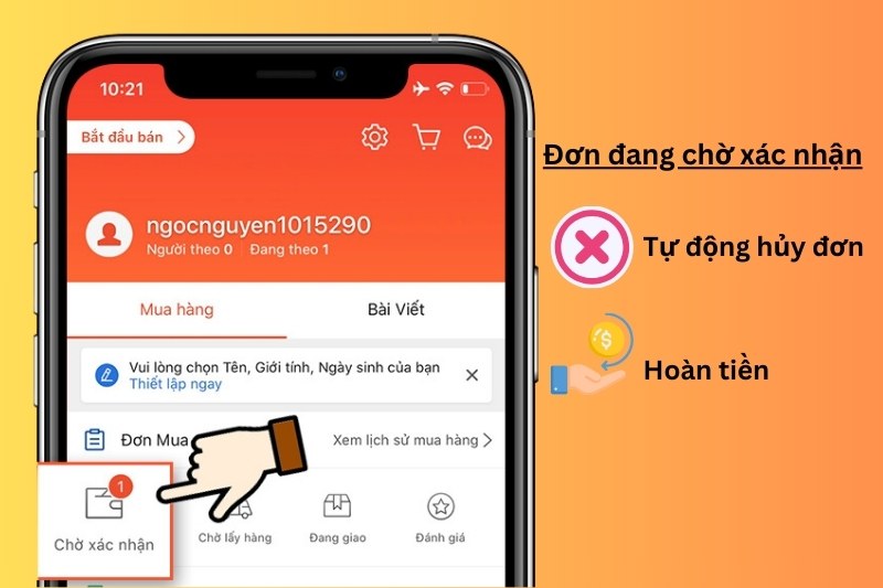 Đơn đang chờ xác nhận sẽ bị hủy và hoàn tiền