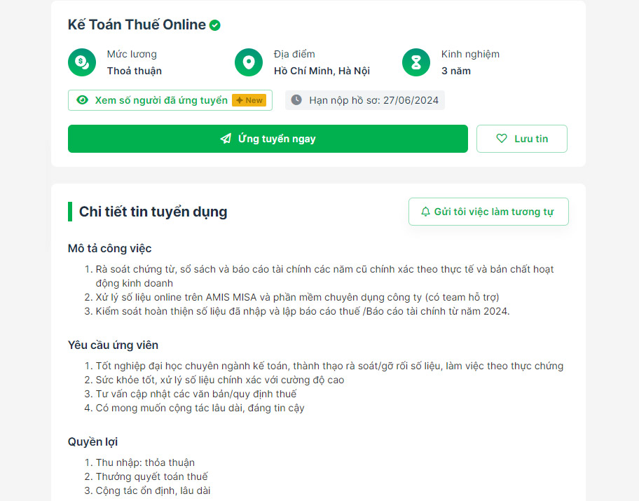 JD của vị trí Kế toán thuế Online