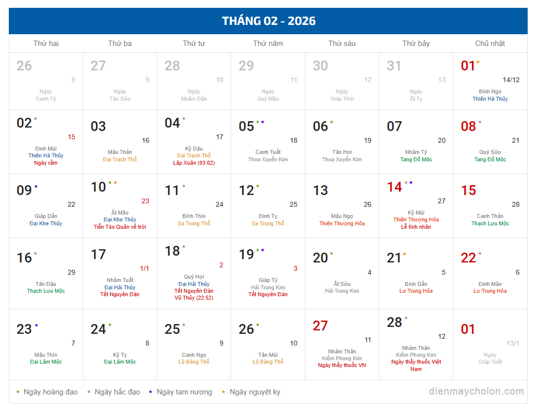 Lịch Âm Dương tháng 2 năm 2026