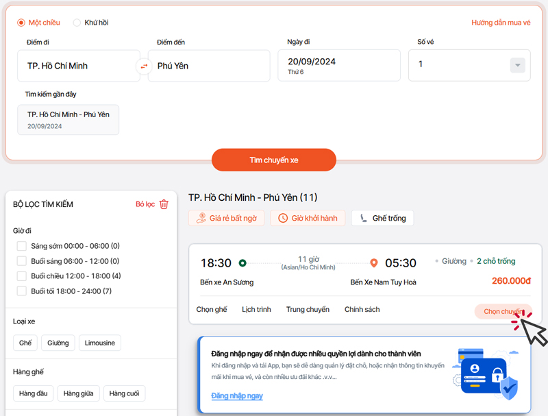 Lọc kết quả và chọn chuyến xe