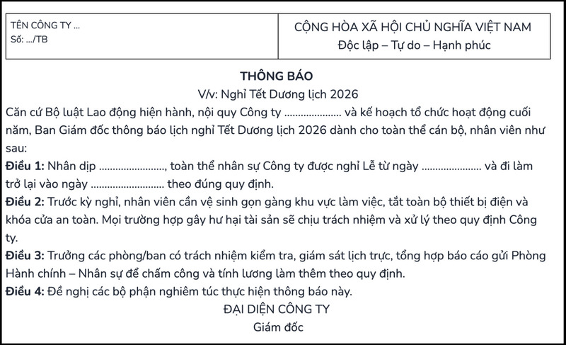 Mẫu thông báo nghỉ Tết Dương Lịch