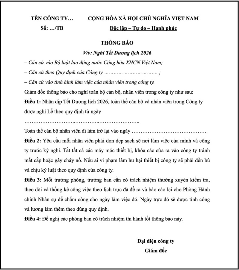 Mẫu thông báo nghỉ Tết Dương Lịch số 2