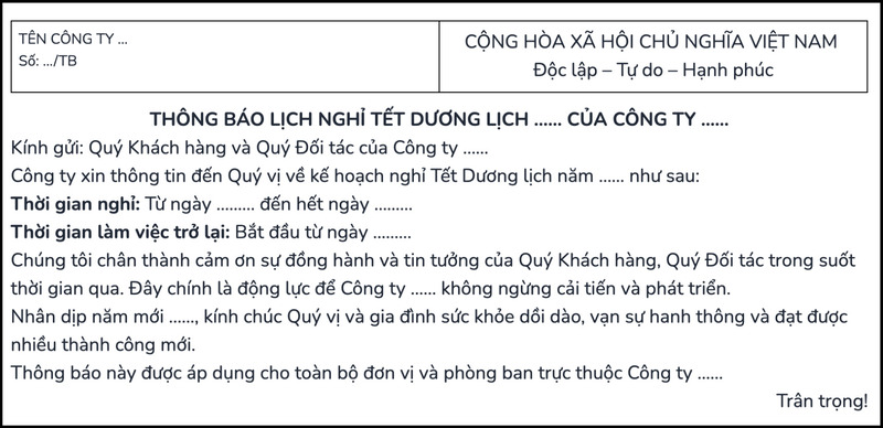 Mẫu thông báo nghỉ Tết Dương Lịch gửi đối tác