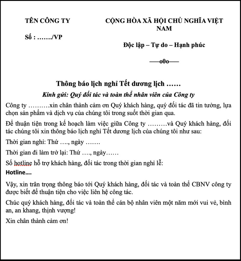 Mẫu thông báo nghỉ Tết Dương Lịch gửi Quý đối tác