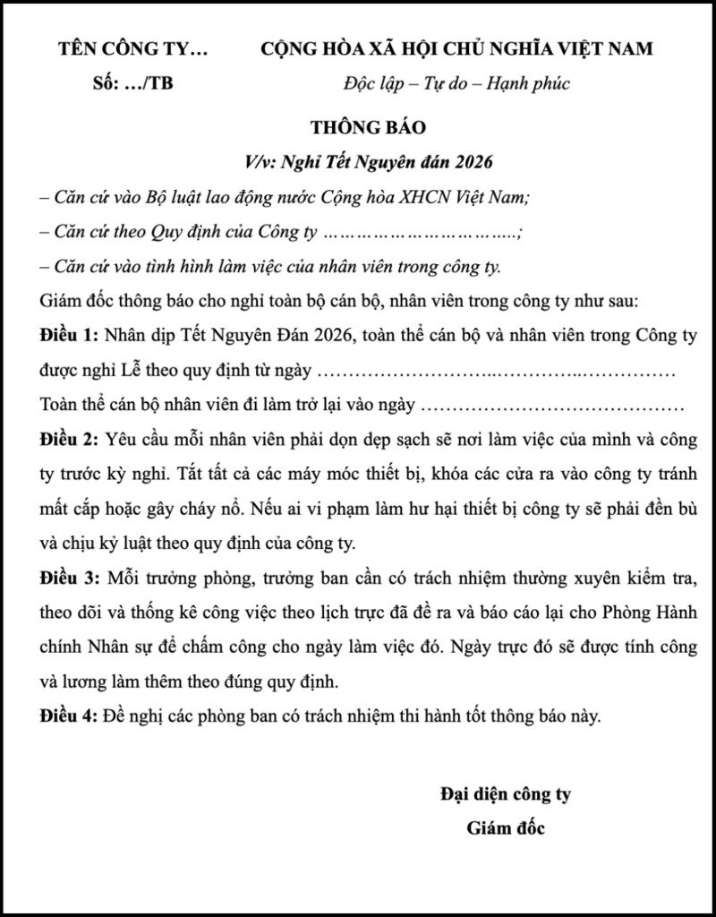 Mẫu thông báo nghỉ Tết Nguyên đán