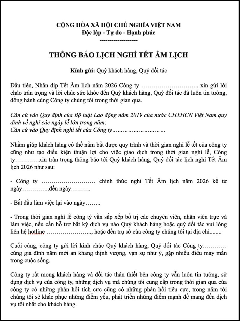 Mẫu thông báo nghỉ Tết âm lịch