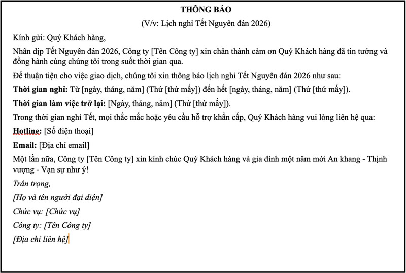 Mẫu thông báo nghỉ Tết âm lịch Cho đối tác