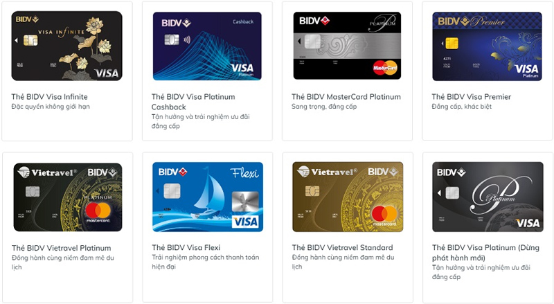 Một số loại thẻ cao cấp do BIDV phát hành