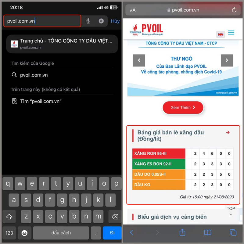 Nhập từ khoá và xem giá xăng dầu trên PVOIL