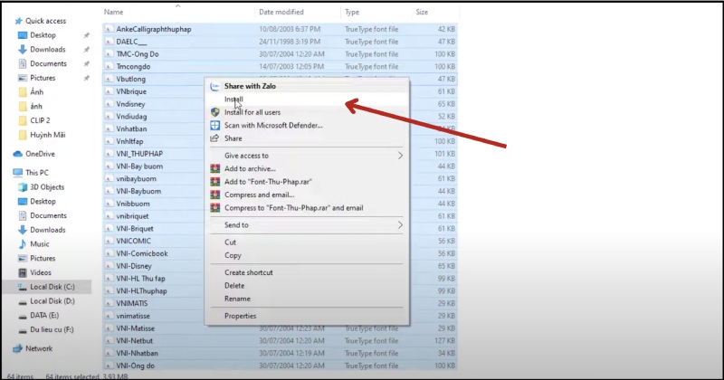 Chọn toàn bộ font rồi nhấp chuột phải chọn Install