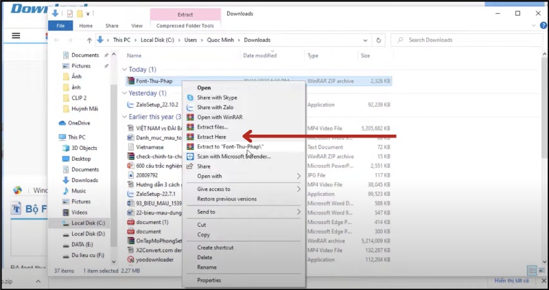 Chọn Extract Here để giải nén