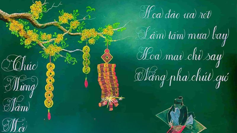 Mẫu thơ kết hợp với pháo hoa rực rỡ và hoa mai