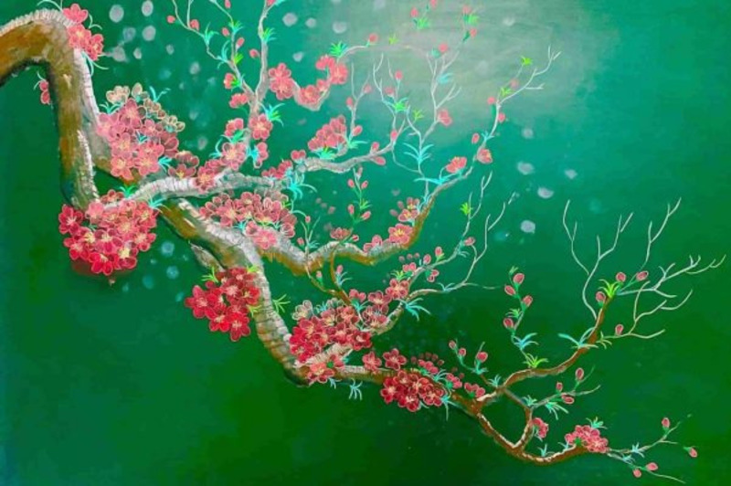 Nhành hoa đào đỏ rực vẽ trang trí bảng