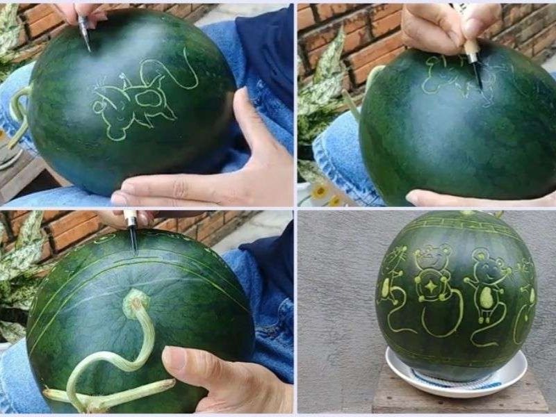 Khắc dưa hấu hình chú chuột