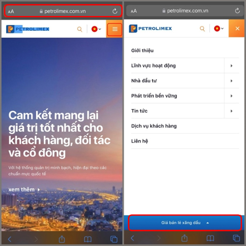 Truy cập trang web Petrolimex 