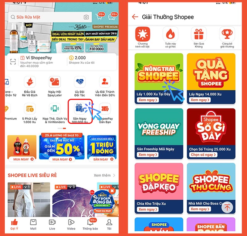 Vào mục giải thưởng Shopee và chọn game yêu thích