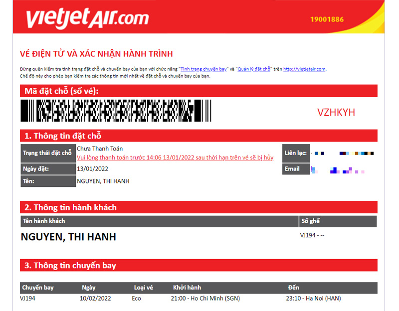 Vé điện tử gửi về mail