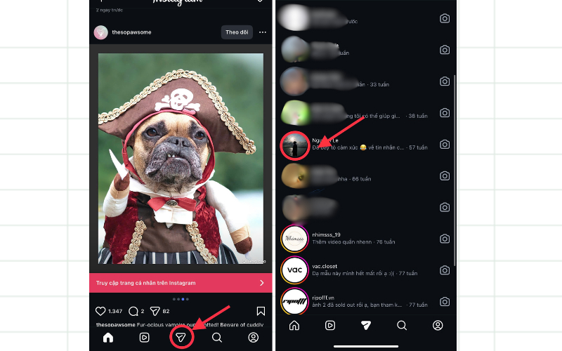 Mở mục tin nhắn trên Instagram để chia sẻ vị trí hiện tại