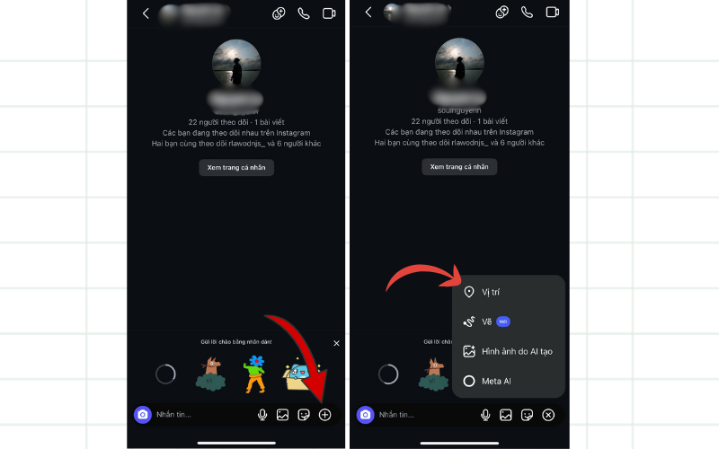 Chọn biểu tượng dấu cộng để mở tùy chọn chia sẻ vị trí trên Instagram