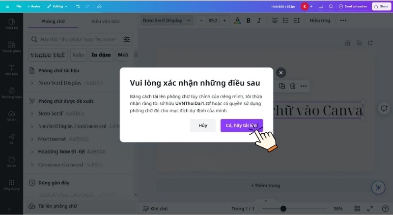 Xác nhận tải lên font chữ mới