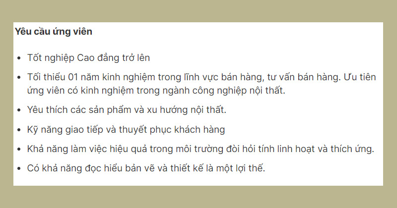 Yêu cầu về trình độ và kỹ năng cần có cho vị trí công việc