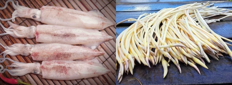 Nguyên liệu làm gỏi gồm mực tươi nguyên con và ngó sen trắng giòn